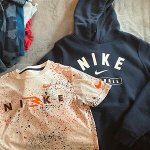 Nike Kids' White and Orange Splatter T-Shirt and Navy Hoodie Set
